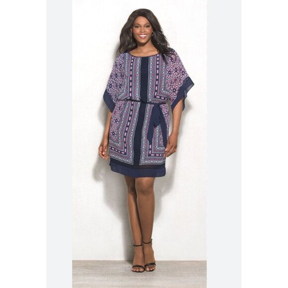 Dressbarn Chiffon Mixed Print‎ Kimono Sleeve Dress with Tie Size 14W 1X Plus - Picture 6 of 9